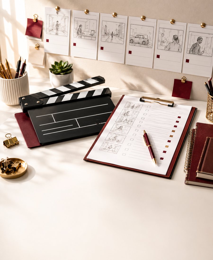 Pre-production — storyboard and clapperboard